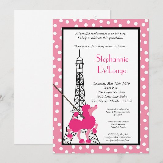 5x7 Girl Pink Poodle Baby shower Uitnodiging (Voorkant / Achterkant)