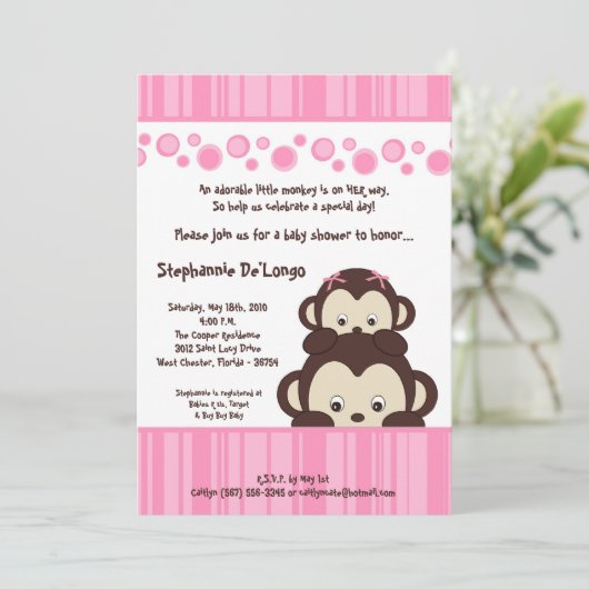 5x7 Girl Pink Pop Monkey Baby shower Uitnodiging (Staand voorkant)