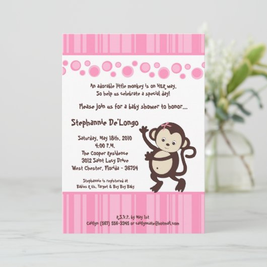 5x7 Girl Pink Pop Monkey Baby shower Uitnodiging (Staand voorkant)