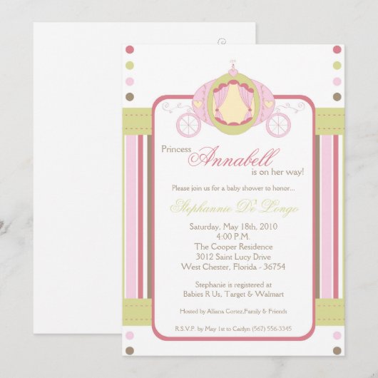 5x7 Girl Princess Carriage Baby shower Invitation Kaart (Voorkant / Achterkant)