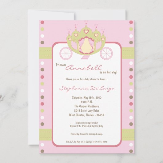 5x7 Girl Princess Carriage Baby shower Invitation Kaart (Voorkant)