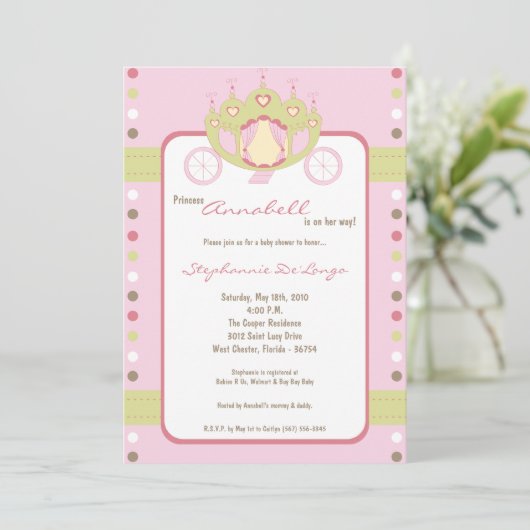 5x7 Girl Princess Carriage Baby shower Invitation Kaart (Staand voorkant)