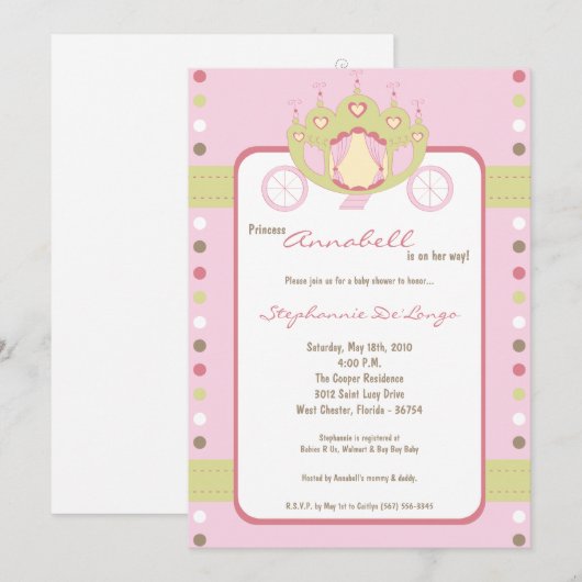 5x7 Girl Princess Carriage Baby shower Invitation Kaart (Voorkant / Achterkant)
