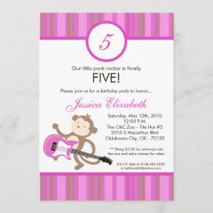 5x7 Girl Rocker Monkey Birthday Party Invitation Kaart