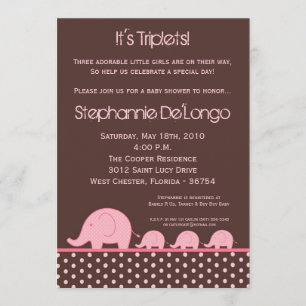 5x7 Girl Triplets Elephant Baby shower Invitation Kaart