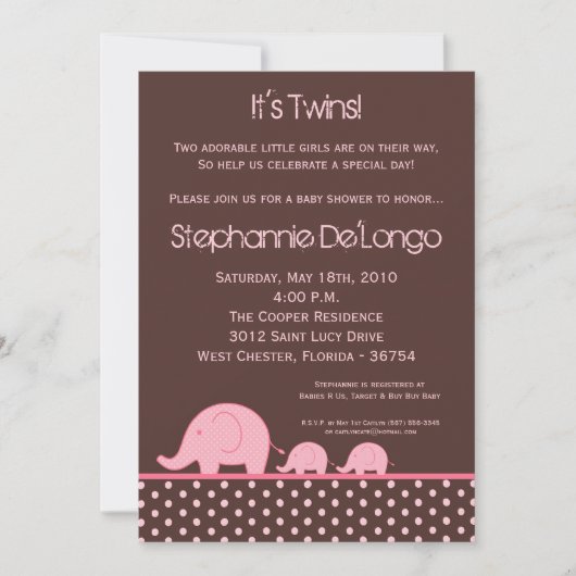 5x7 Girl Twins Mod Elephant Baby shower Invitation Kaart (Voorkant)