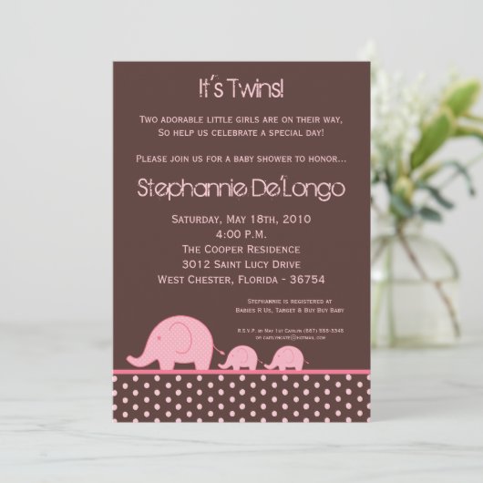 5x7 Girl Twins Mod Elephant Baby shower Invitation Kaart (Staand voorkant)