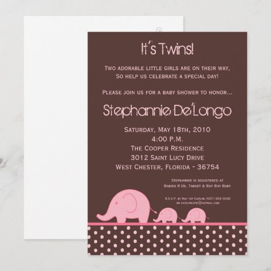 5x7 Girl Twins Mod Elephant Baby shower Invitation Kaart (Voorkant / Achterkant)