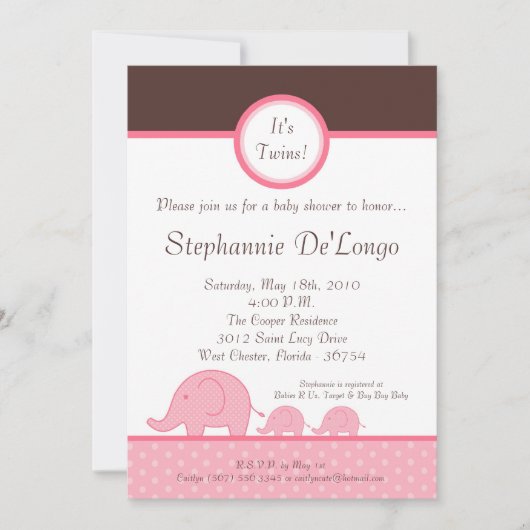 5x7 Girl Twins Mod Elephant Baby shower Invitation Kaart (Voorkant)