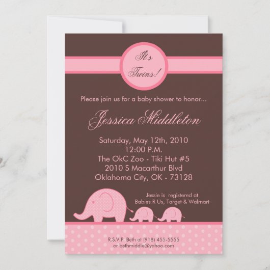 5x7 Girl Twins Mod Elephant Baby shower Invitation Kaart (Voorkant)