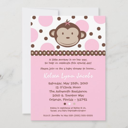 5x7 Girly Modern Mod Monkey Baby shower Uitnodigin Kaart (Voorkant)