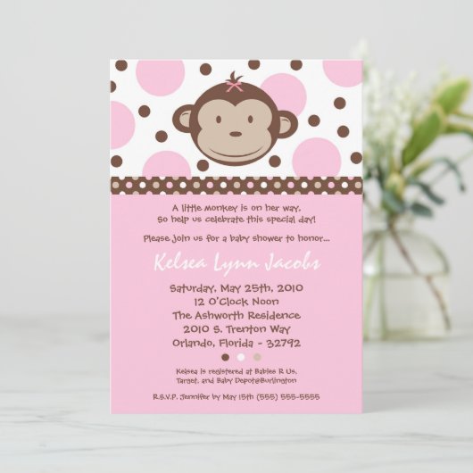 5x7 Girly Modern Mod Monkey Baby shower Uitnodigin Kaart (Staand voorkant)