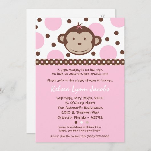 5x7 Girly Modern Mod Monkey Baby shower Uitnodigin Kaart (Voorkant / Achterkant)