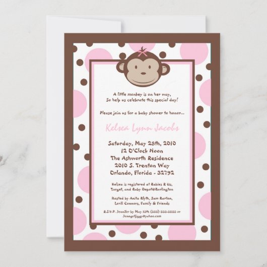 5x7 Girly Modern Mod Monkey Baby shower Uitnodigin Kaart (Voorkant)