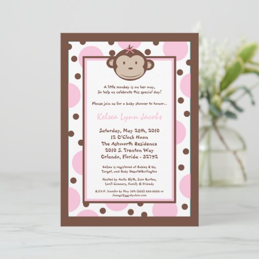 5x7 Girly Modern Mod Monkey Baby shower Uitnodigin Kaart (Staand voorkant)