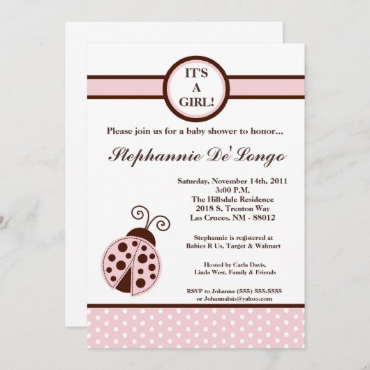 5x7 Girly Pink Lady Bug Baby shower Uitnodiging (Voorkant / Achterkant)