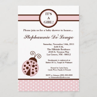 5x7 Girly Pink Lady Bug Baby shower Uitnodiging