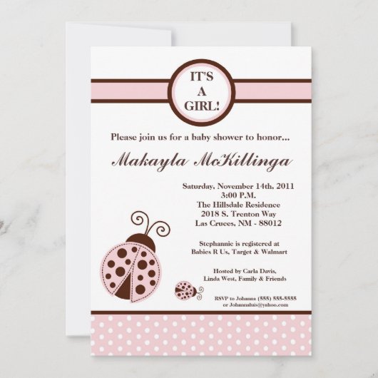 5x7 Girly Pink Lady Bug Baby shower Uitnodiging (Voorkant)