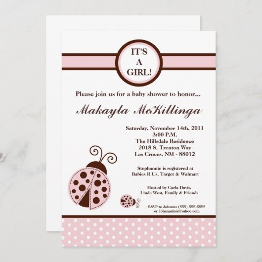 5x7 Girly Pink Lady Bug Baby shower Uitnodiging (Voorkant / Achterkant)