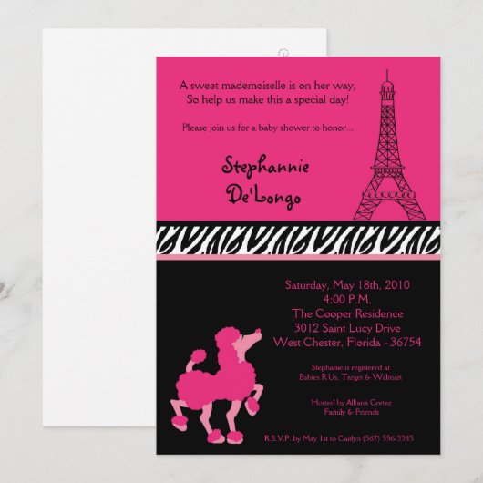 5x7 Girly Pink Poodle Baby shower Uitnodiging (Voorkant / Achterkant)