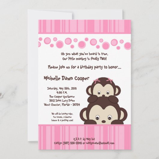 5x7 Girly Pink Pop Monkey Birthday Uitnodiging (Voorkant)