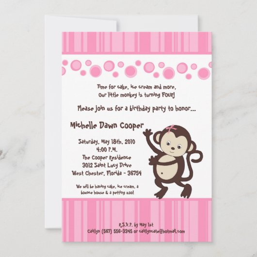 5x7 Girly Pink Pop Monkey Birthday Uitnodiging (Voorkant)