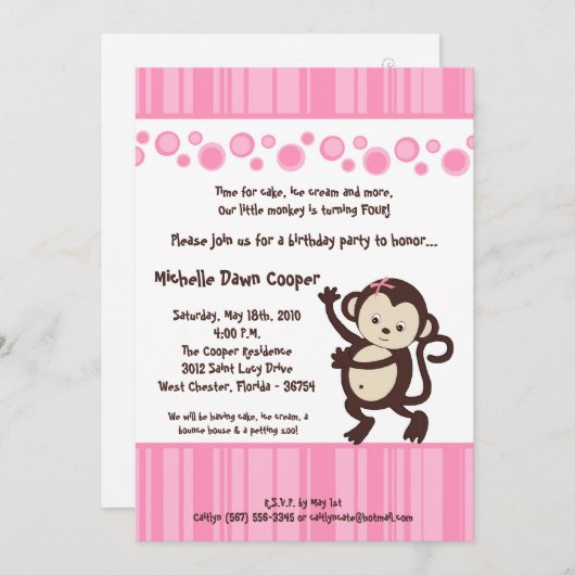 5x7 Girly Pink Pop Monkey Birthday Uitnodiging (Voorkant / Achterkant)