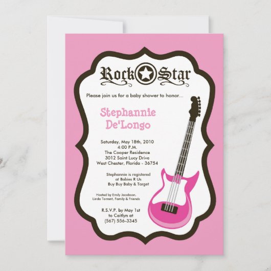 5x7 Girly Pink Rock Guitar Baby shower Invitation Kaart (Voorkant)