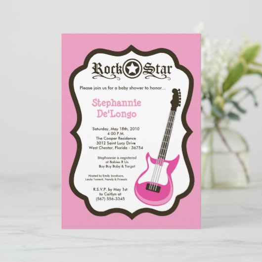 5x7 Girly Pink Rock Guitar Baby shower Invitation Kaart (Staand voorkant)