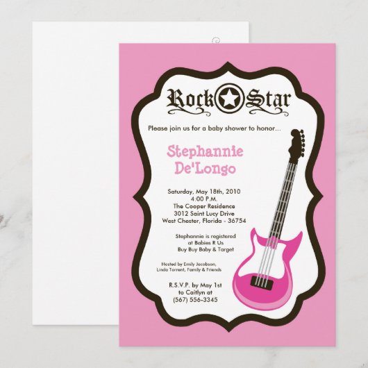 5x7 Girly Pink Rock Guitar Baby shower Invitation Kaart (Voorkant / Achterkant)