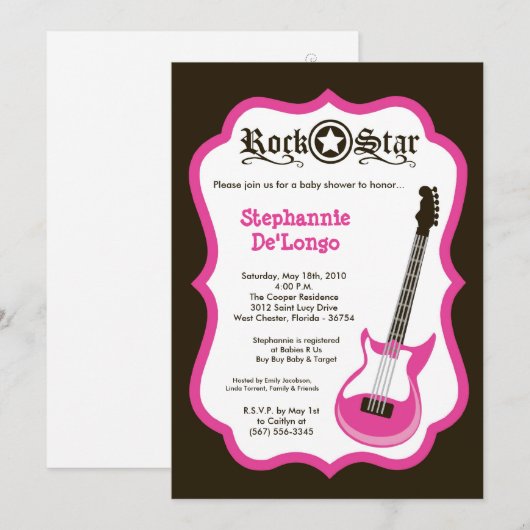 5x7 Girly Pink Rock Guitar Baby shower Invitation Kaart (Voorkant / Achterkant)