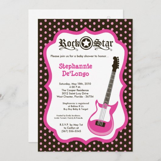 5x7 Girly Pink Rock Guitar Baby shower Invitation Kaart (Voorkant / Achterkant)