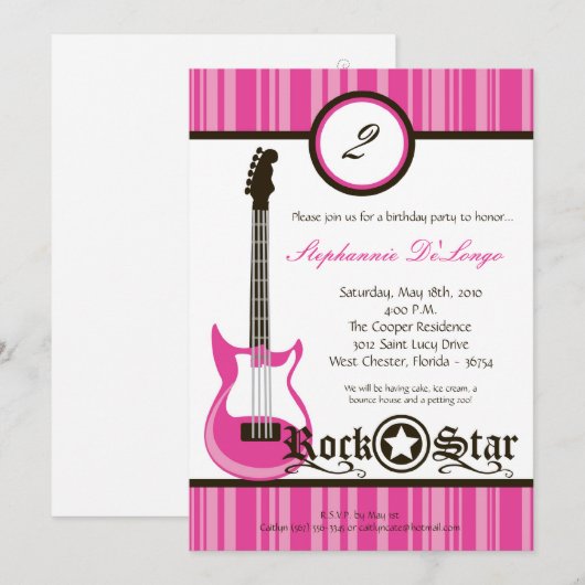 5x7 Girly Pink Rock Guitar Birthday Par Invitation Kaart (Voorkant / Achterkant)