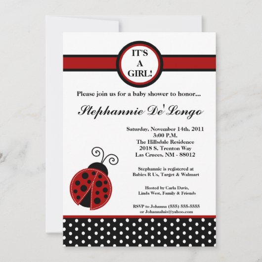 5x7 Girly Red Lady Bug Baby shower Uitnodiging (Voorkant)