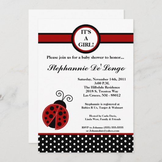 5x7 Girly Red Lady Bug Baby shower Uitnodiging (Voorkant / Achterkant)