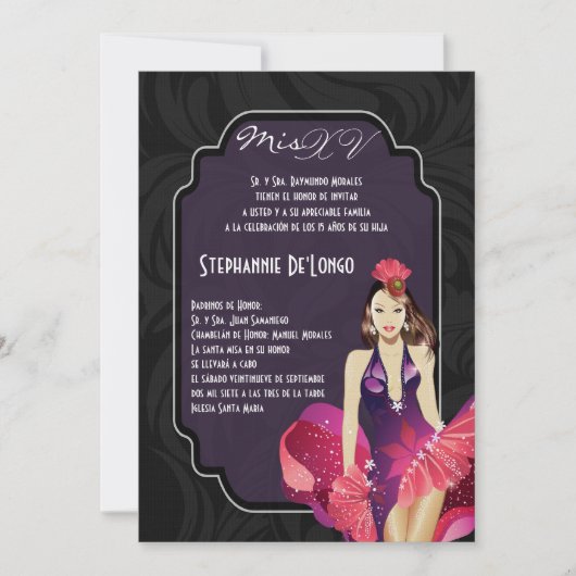 5x7 Glamor Girl Quinceanera Birthday Uitnodiging (Voorkant)