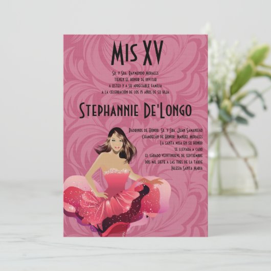 5x7 Glamor Girl Quinceanera Birthday Uitnodiging (Staand voorkant)
