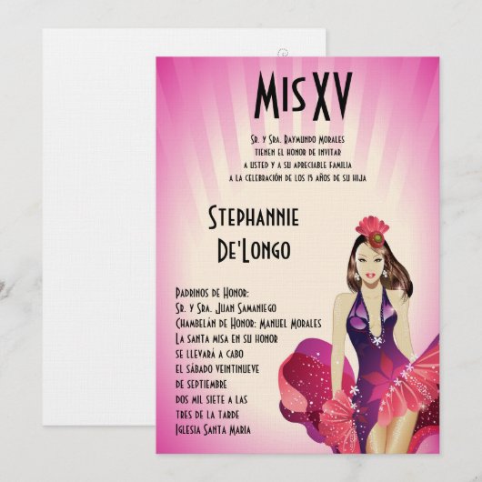 5x7 Glamor Girl Quinceanera Birthday Uitnodiging (Voorkant / Achterkant)