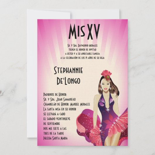 5x7 Glamor Girl Quinceanera Birthday Uitnodiging (Voorkant)