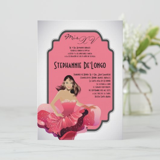 5x7 Glamor Girl Quinceanera Birthday Uitnodiging (Staand voorkant)