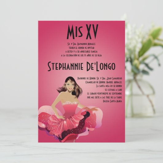 5x7 Glamor Girl Quinceanera Birthday Uitnodiging (Staand voorkant)