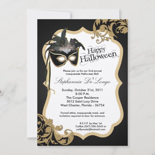 5x7 Gold Masquerade Mask Halloween Invitation Kaart (Voorkant)