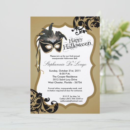 5x7 Gold Masquerade Mask Halloween Uitnodiging (Staand voorkant)