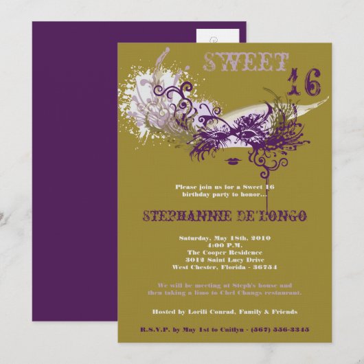 5x7 Gold Masquerade Sweet 16 Verjaardag Uitnodigin Kaart (Voorkant / Achterkant)
