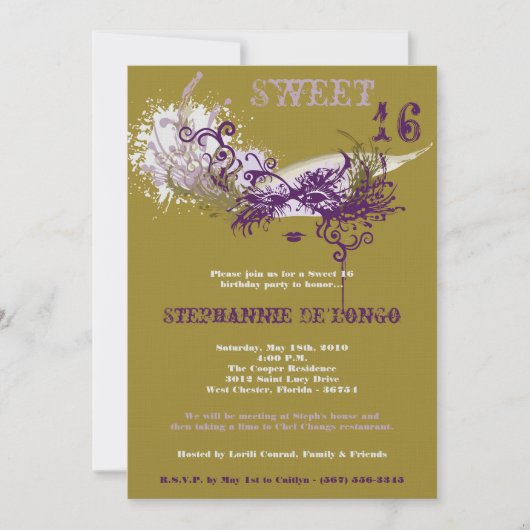 5x7 Gold Masquerade Sweet 16 Verjaardag Uitnodigin Kaart (Voorkant)
