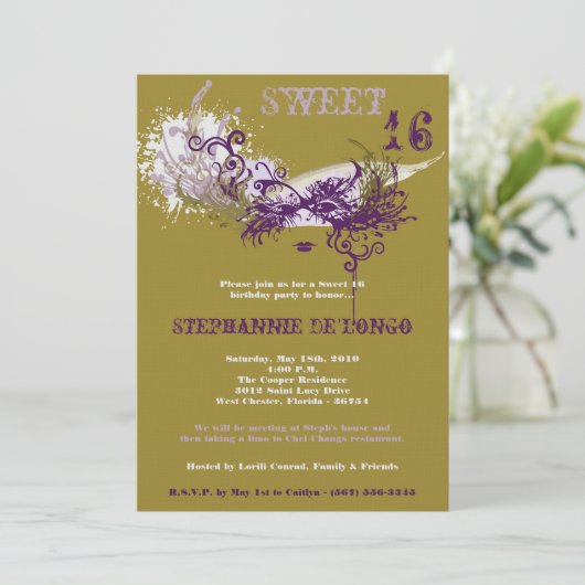 5x7 Gold Masquerade Sweet 16 Verjaardag Uitnodigin Kaart (Staand voorkant)