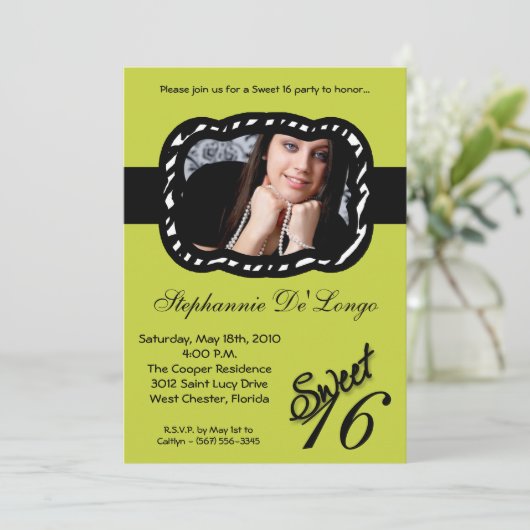 5x7 Green Band PHOTO Sweet 16 Birthday Invite Kaart (Staand voorkant)