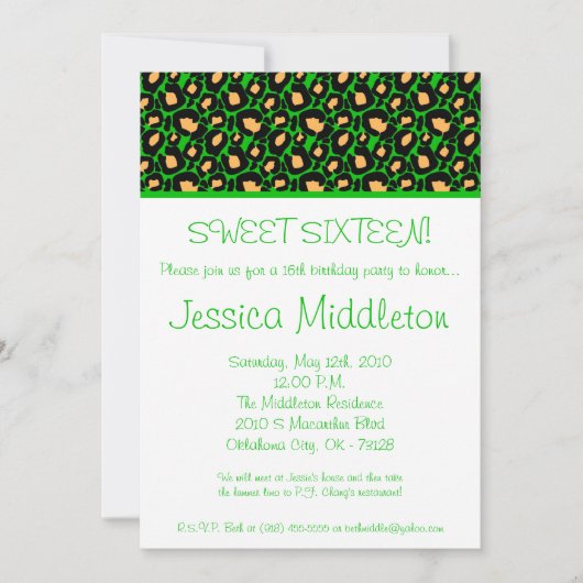 5x7 Green Cheetah 16th Birthday Invitation Kaart (Voorkant)