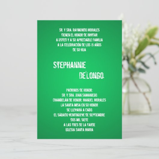 5x7 Green DJ Spin Platenspeler Quinceanera Uitnodi Kaart (Staand voorkant)