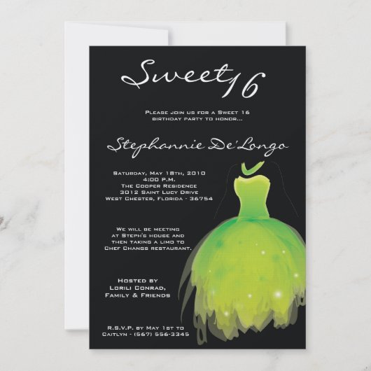 5x7 Green Dress Sweet 16 Birthday Invitation Kaart (Voorkant)